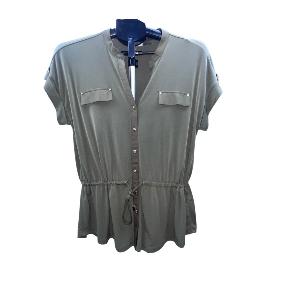 Calvin Klein Olive Short sleeve Button-Down Shirt w/Cinched Waist - Picture 1 of 6